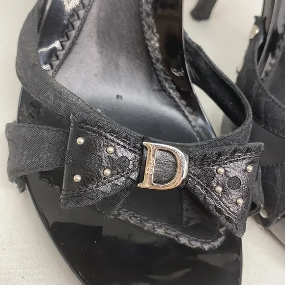 Dior Sz 37 Black Logo High Heel Sandals Bow Studs - Picture 7 of 16